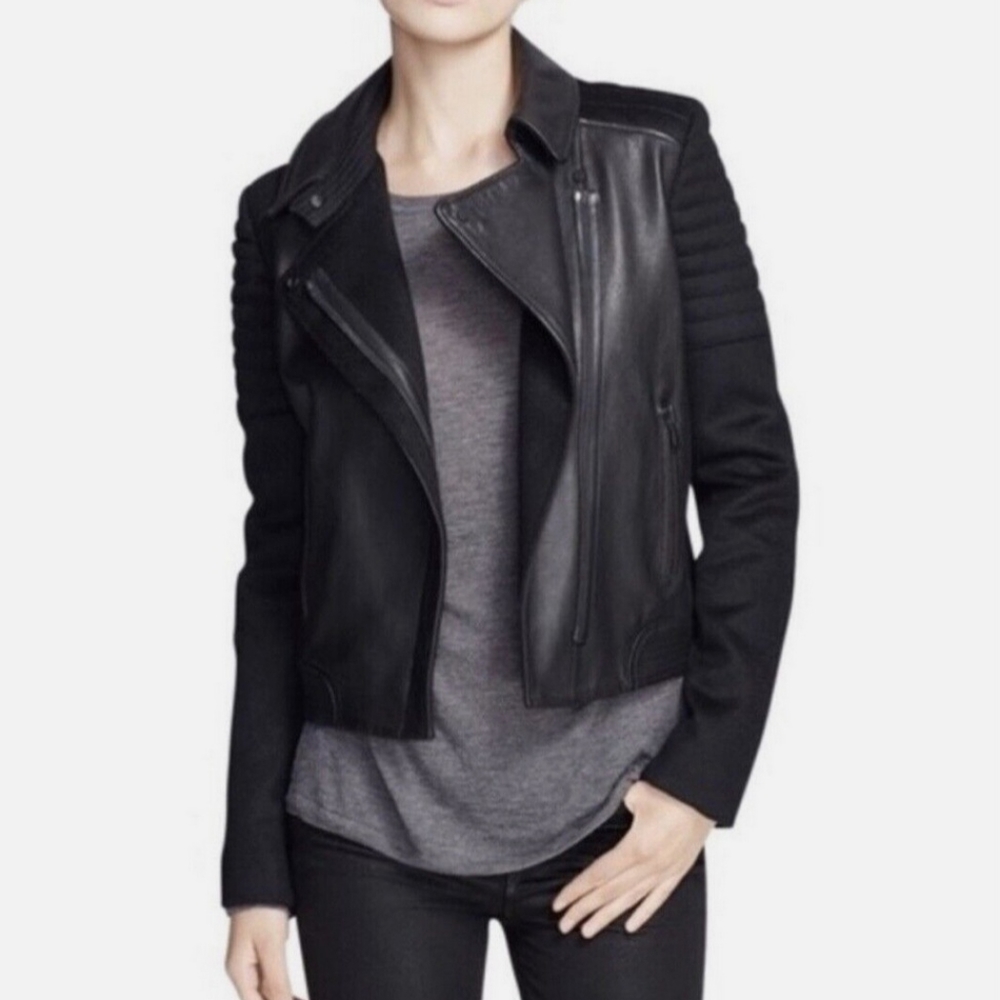 895 Authentic Quilted Leather Contrast Wool Vince Moto Jacket